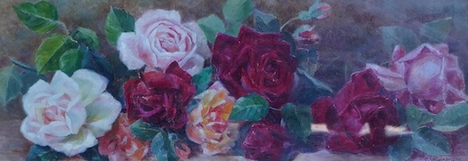 Edith Wigley, oil on canvas, Still life of roses, signed and dated 1902, 16.5 x 44cm, gilt framed. Condition - fair to good